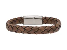 Pulsera marrón trenzada de cuero con cierre magnético de acero inoxidable.