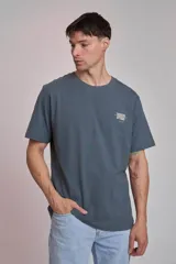 Remera gris con estampado pequeño en el pecho.