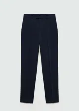 Pantalón de vestir azul marino, de corte recto, con bolsillos laterales y traseros.
