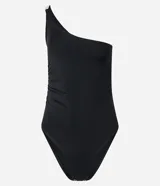Body negro de jersey con un solo hombro, fruncido lateral y cierre en la entrepierna.