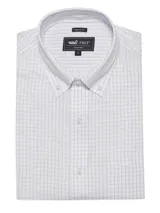 Camisa de hombre RKF Cityscape, de manga larga, corte regular y cuello americano abotonado. Diseño a cuadros pequeños en tonos blanco y celeste.