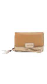 Billetera mediana marca Lincoln's confeccionada en cuero sintético con diseño bicolor. Presenta una tapa en tono dorado metalizado con cierre de presilla y cuerpo negro con compartimento de cremallera. Cuenta con múltiples divisiones internas para tarjetas, billetes y monedas, además de una práctica correa de mano.