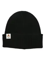 Gorro beanie negro de punto acanalado, con parche con el logo de Hush Puppies en el frente.