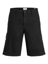 Short cargo negro de Jack & Jones Plus, corte relajado, tiro medio, cierre con cremallera, múltiples bolsillos cargo, laterales y traseros.