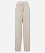 Pantalón recto color beige, confeccionado en algodón, con cintura elástica, cordón de ajuste y textura calada.