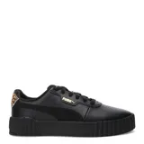 Championes Puma Carina 3.0 Animal Flair, color negro con detalles dorados y animal print en el talón.