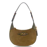 Cartera bandolera Guess color verde oliva, de tamaño mediano, con correa ajustable y logo de la marca en el frente.