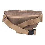 Riñonera unisex color marrón claro con múltiples bolsillos con cierre y correa ajustable con hebilla.