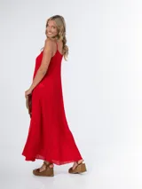 Vestido largo color verde agua, de bambula italiana, con breteles finos y corte suelto.