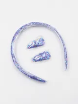 Set de vincha y dos broches para el pelo, color violeta con glitter.