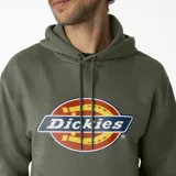 Canguro verde con capucha y cordones ajustables, bolsillo tipo canguro y logo de Dickies estampado en el pecho.