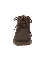 Bota de cuero color chocolate con cuello de tejido multicolor. Suela de goma con tecnología Honey Foam.