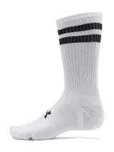 Pack de seis pares de medias Under Armour Essential unisex, de largo medio, en colores blanco, negro y gris. Tres pares son lisos y tres pares tienen rayas horizontales en la parte superior.