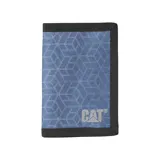 Billetera Caterpillar unisex de poliéster azul con patrón geométrico, ribete negro y logo de la marca en gris. Cuenta con capacidad para 4 tarjetas, compartimento para billetes y protección RFID.