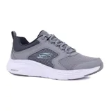 Championes Skechers Elite-Sport Vapor Foam Lasting Moment, color gris con detalles en negro y celeste. Capellada de malla con superposiciones sintéticas, cordones, plantilla Air-Cooled Memory Foam y entresuela Vapor Foam.