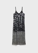 Vestido largo de fiesta con lentejuelas plateadas y negras, escote en V y tirantes finos.