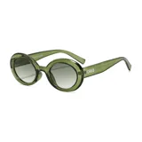 Lentes de sol redondos con marco de plástico reciclado color verde oliva y lentes degradados grises. Incluye estuche.