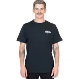 Remera negra de manga corta con cuello redondo y logo Volcom estampado en el pecho.