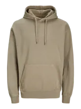 Buzo con capucha color arena, de algodón y fit holgado. Tiene capucha forrada en el mismo tejido, bolsillo canguro y mangas largas.