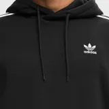 Canguro Adidas Originals negro con capucha, logo bordado en el pecho, bolsillo frontal tipo canguro y tres rayas blancas en las mangas.