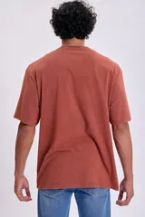 Remera color terracota con efecto lavado, de corte recto y mangas cortas.