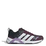 Championes Adidas para mujer, color bordó con estampado floral, detalles en negro, blanco y lila. Presentan las tres tiras clásicas de Adidas en color blanco.