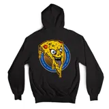 Canguro gris con capucha y bolsillo delantero, con logo de la marca en el pecho y estampado de pizza en la espalda.