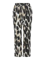 Pantalón recto con estampado animal print en tonos blanco, negro y marrón. Tiene cintura elástica.