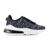 Zapatillas deportivas Champion, con capellada tejida en tonos grises y negros, cordones negros, suela blanca con cámara de aire visible y detalles en negro.