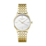 Reloj Rosefield con caja redonda de acero dorado, esfera de nácar blanco y malla de acero inoxidable dorada.