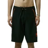 Boardshort de baño negro con ribetes y detalles en color naranja neón. Presenta cordón de ajuste en la cintura y un parche cuadrado con logo en la parte inferior de la pierna izquierda.