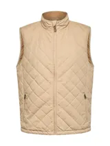 Chaleco color beige con pespuntes en rombo, cuello alto, cierre frontal con cremallera, dos bolsillos laterales con cremallera y parche de cuero con logo en el pecho.