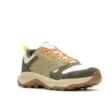 Zapatillas de senderismo Merrell Tempo Sol, con capellada de gamuza y malla transpirable en tonos beige, verde oliva y marrón. Cordones color naranja.