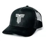 Gorro negro tipo trucker con paneles frontales rígidos y paneles traseros de malla. Presenta un logo bordado en blanco en el frente.