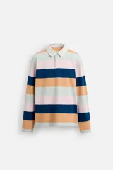 Polo de manga larga con cuello clásico y cierre de botones oculto. Diseño a rayas horizontales en colores azul, naranja, rosa y verde.