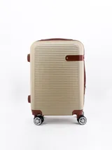 Valija rígida de 20 pulgadas color beige con detalles en marrón.