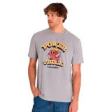 Remera gris de manga corta con cuello redondo, con estampado frontal de un camión animado y el texto "Power Truck Caterpillar".