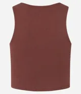 Top cropped sin mangas, color marrón oscuro, de corte ajustado al cuerpo y cuello redondo. Presenta textura acanalada.