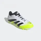 Championes de fútbol Adidas Predator Club FG/MG, color blanco con detalles en negro y amarillo neón. Presentan tres tiras negras en los laterales y suela con tapones para múltiples superficies.