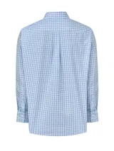 Camisa de manga larga para hombre, de corte regular fit, con cuello abotonado (button-down) y estampado a cuadros (vichy) en tonos de azul claro, azul medio y azul oscuro/violeta.