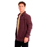 Chaqueta unisex color borgoña con cierre frontal de botones a presión, cuello clásico, dos bolsillos superiores con solapa y dos bolsillos inferiores con entrada lateral.