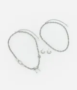 Conjunto de collar y aros plateados con cadena de eslabones gruesos. El collar tiene un dije de lazo y otro de rosa. Los aros son tipo argolla.