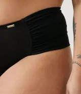 Bombacha de bikini negra con laterales drapeados y forro de algodón.