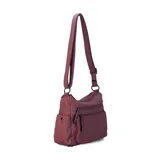 Cartera de cuero color borgoña, con correa larga regulable, dos bolsillos frontales con cierre y un bolsillo trasero con cierre.
