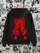 Canguro negro con capucha y bolsillo delantero, con estampado rojo en el pecho con la palabra "MAKOSH".