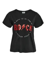 Camiseta negra de algodón con estampado frontal de la palabra "ROCK" en rojo con efecto desgastado. Diseño con la frase "Born to be free" en la parte superior y "Forever strong" en la parte inferior.