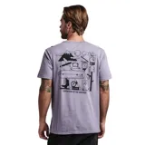 Remera violeta de manga corta con cuello redondo y estampado en el pecho de una montaña con una bicicleta y la inscripción "Roark".