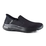 Championes Skechers Hands Free Slip-Ins Go Walk Arch Fit 2.0, color negro. Diseño sin cordones con capellada de malla técnica, plantilla Arch Fit removible y amortiguación Ultra Go.