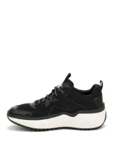 Zapatillas Caterpillar Hasten Mesh para mujer, color negro con detalles en blanco y violeta. Capellada de malla de nailon y microfibra, forro 100 % reciclado postindustrial, plantilla de espuma EVA suave, entresuela de EVA ligera y suela exterior de goma duradera.