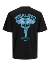 Remera negra de manga corta con cuello redondo y estampado azul con la palabra "healing" en el pecho.